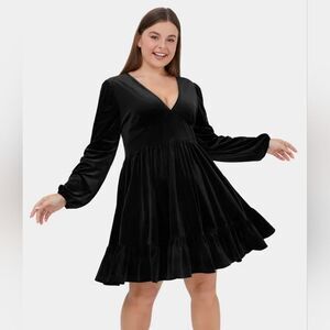 Halara Everyday Deep V Neck Long Sleeve Ruffled Hem Velvet Plus Chill Dress 2X